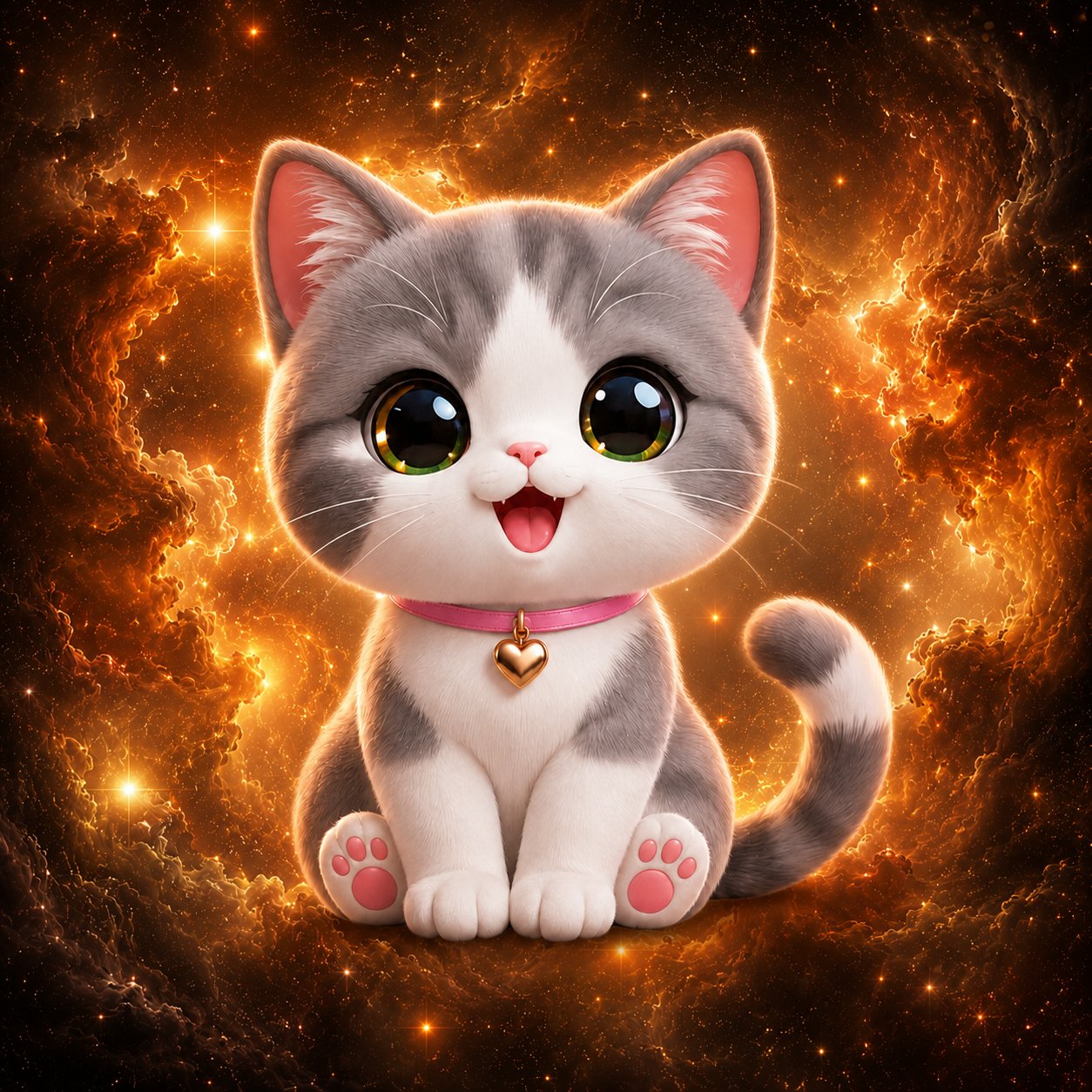 Chaton kawaii gris-blanc à collier rose dans une nébuleuse de feu