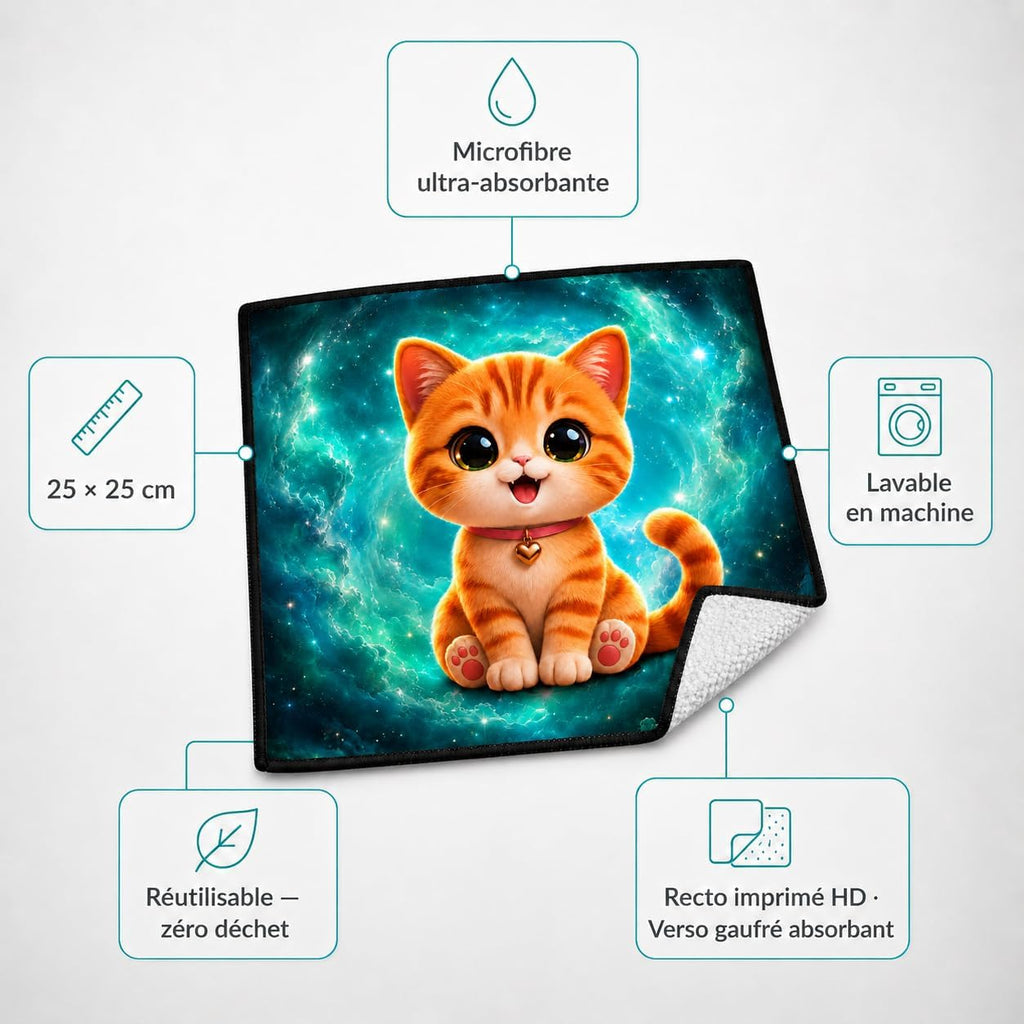 Caractéristiques : microfibre absorbante, 25x25cm, lavable en machine, réutilisable