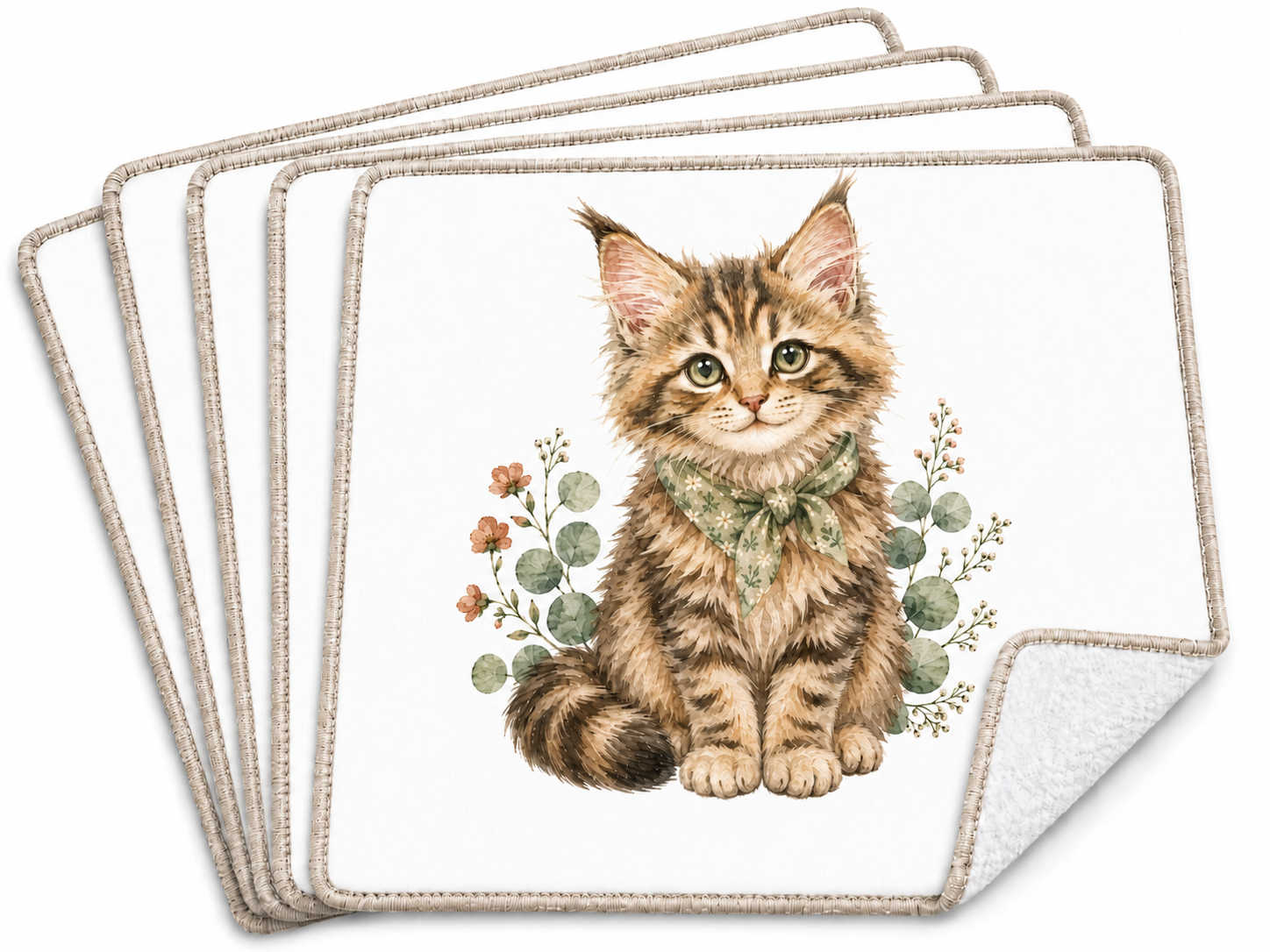 Lot de 5 essuie-tout lavables Chaton Maine Coon empilés