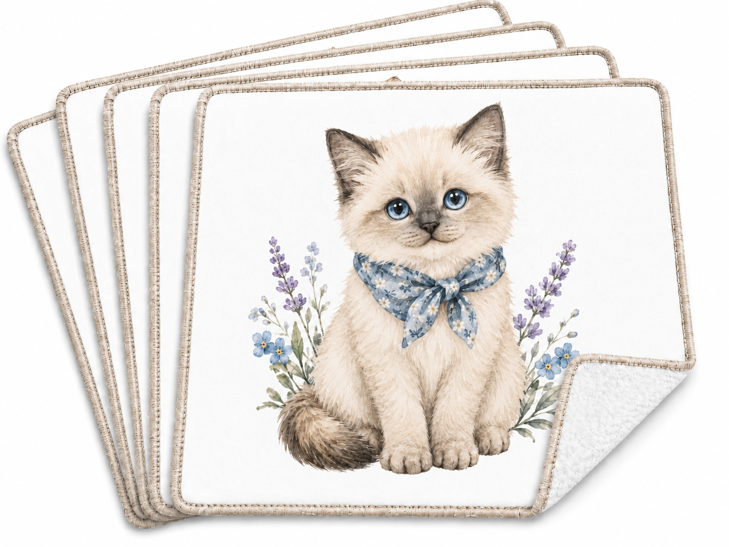 Lot de 5 essuie-tout lavables Chaton Lavande empilés