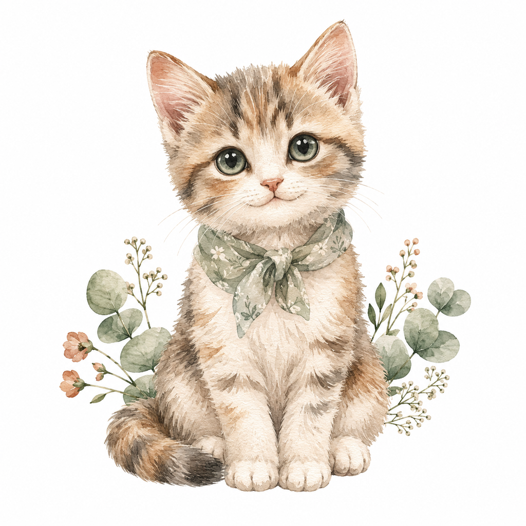 Chaton tigré aquarelle au bandana vert sauge, eucalyptus et fleurs