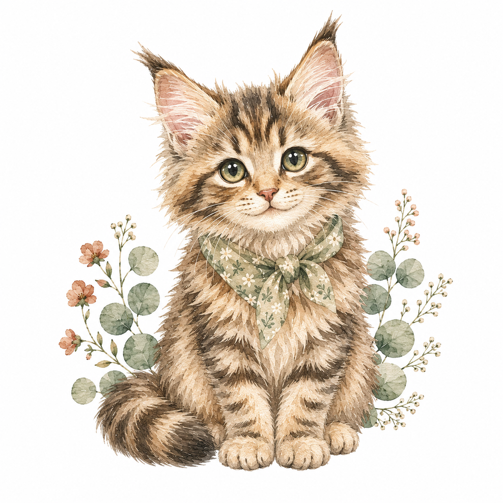 Chaton Maine Coon aquarelle au bandana vert sauge, eucalyptus et fleurs