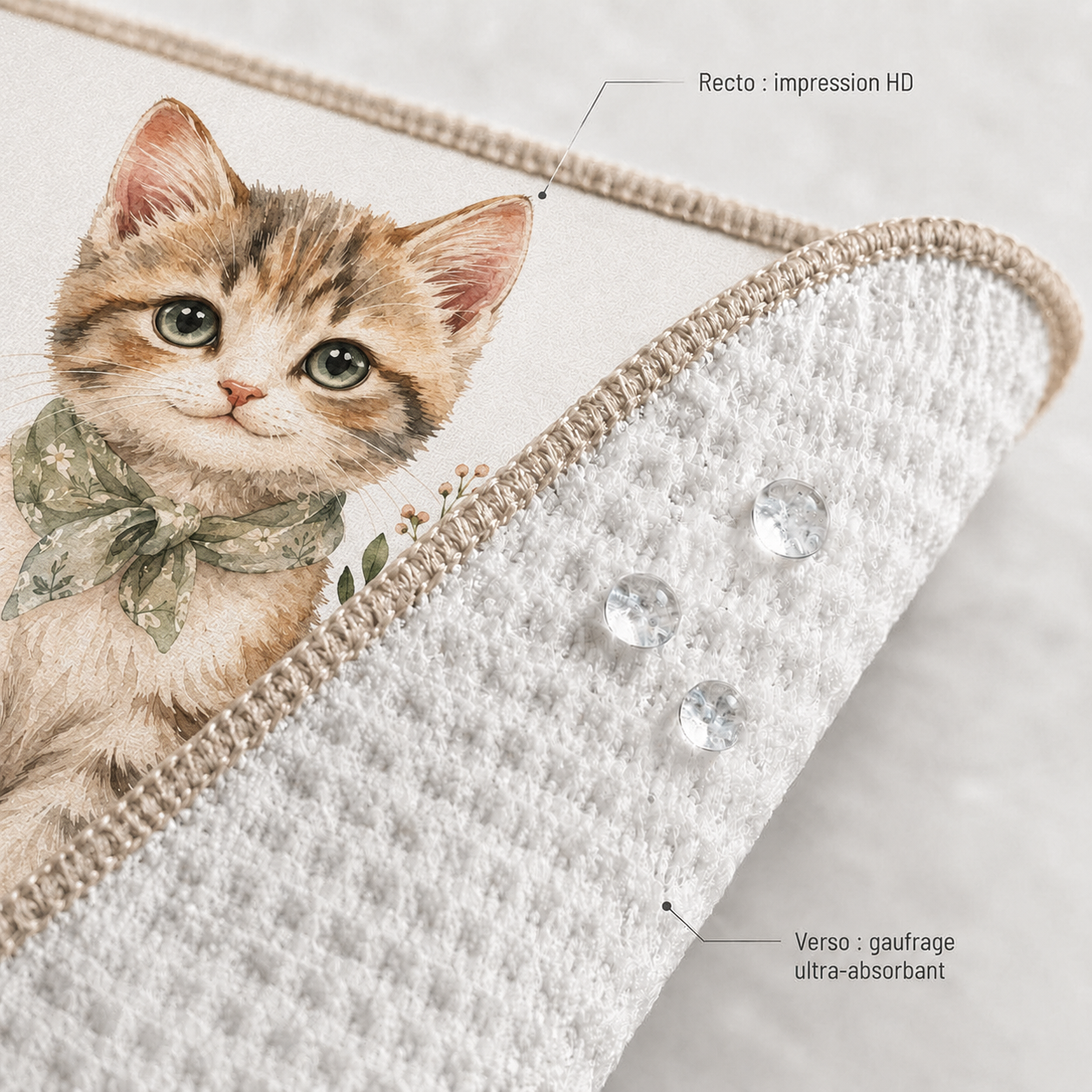 Essuie-tout lavable Chaton Eucalyptus, recto impression HD et verso gaufrage ultra-absorbant